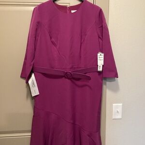 Kay Unger Polly Belted Three-Quarter Sleeve Stretch Midi Dress, size 18